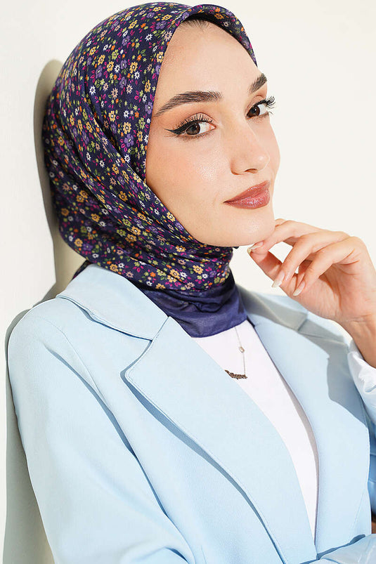 Mini Çiçek Detaylı Eşarp Lacivert