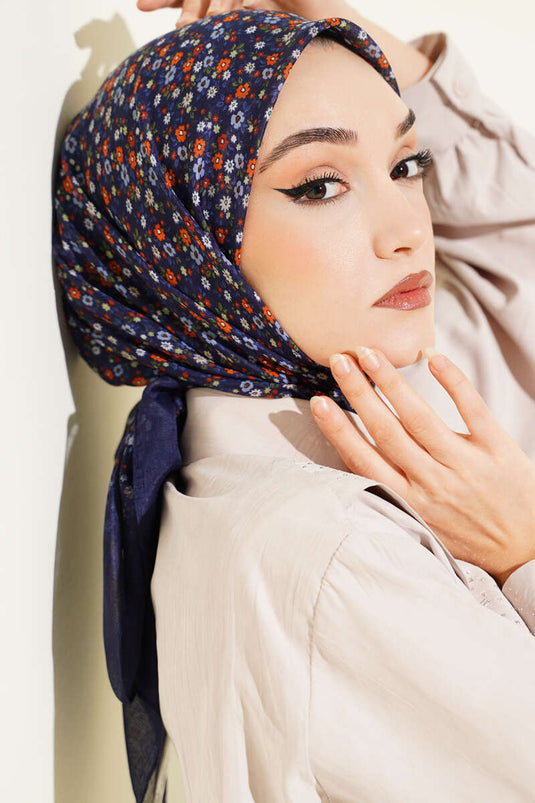 Mini Çiçek Detaylı Eşarp Lacivert Mavi