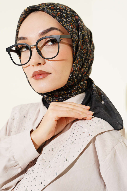 Mini Çiçek Detaylı Eşarp Siyah