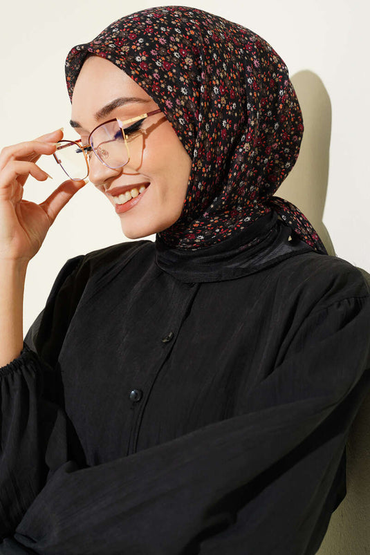 Mini Floral Patterned Scarf Black Burgundy