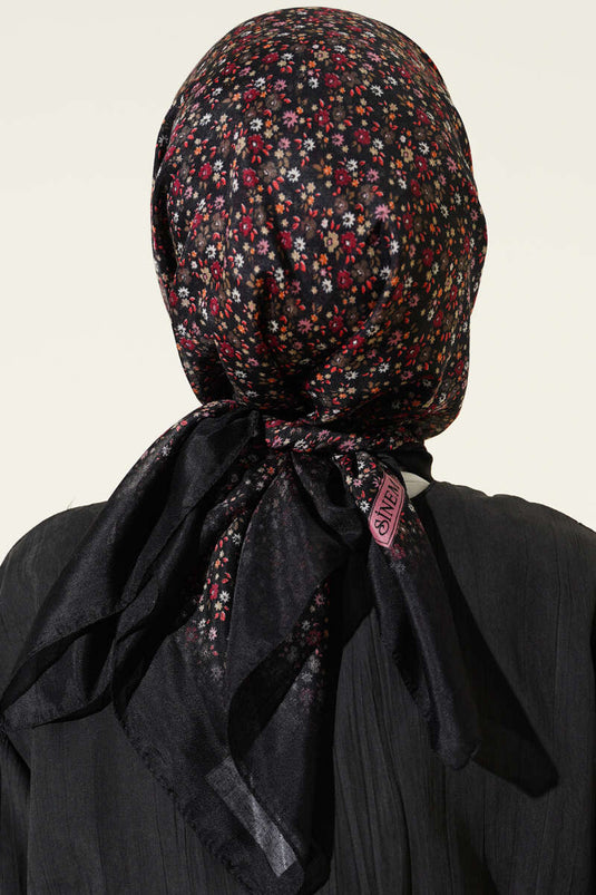 Mini Floral Patterned Scarf Black Burgundy