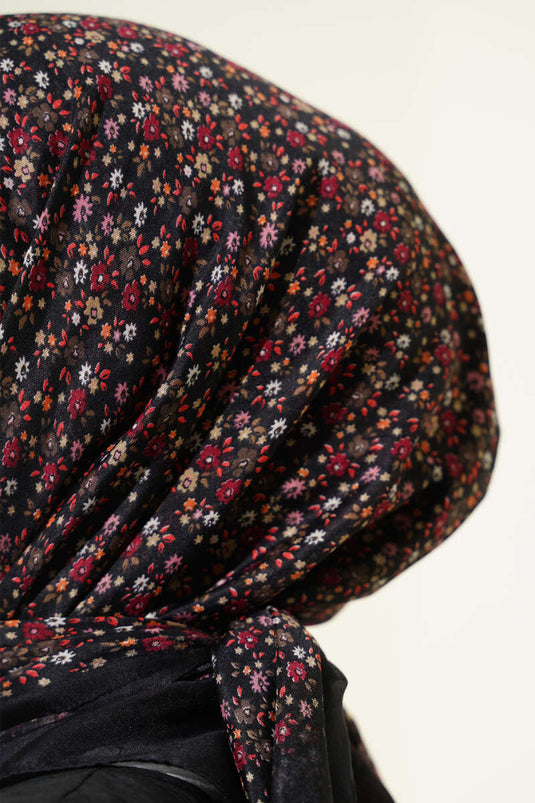 Mini Floral Patterned Scarf Black Burgundy
