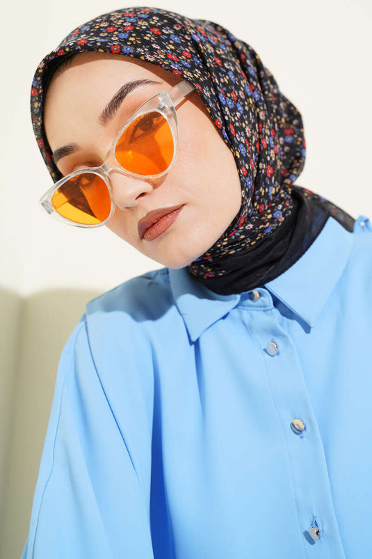 Mini Çiçek Detaylı Eşarp Siyah Mavi