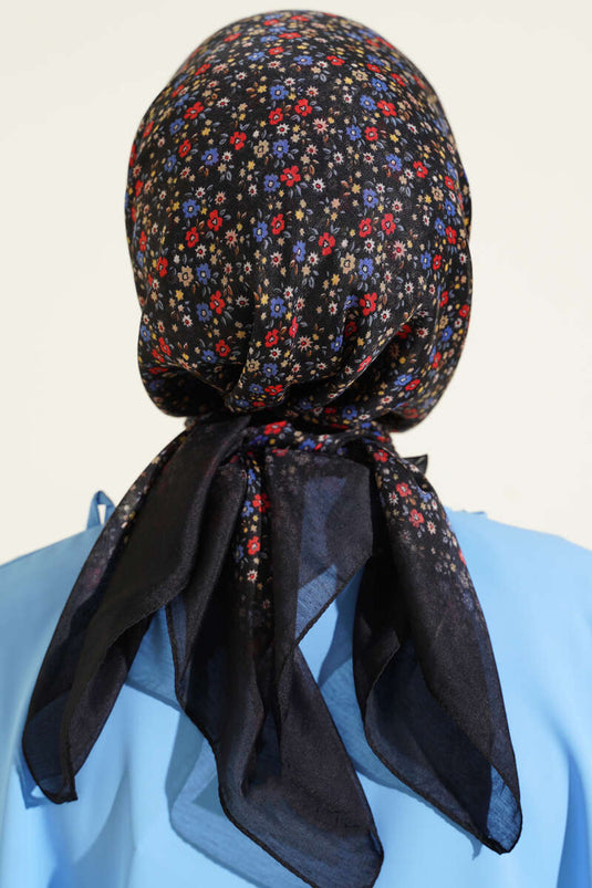 Mini Çiçek Detaylı Eşarp Siyah Mavi