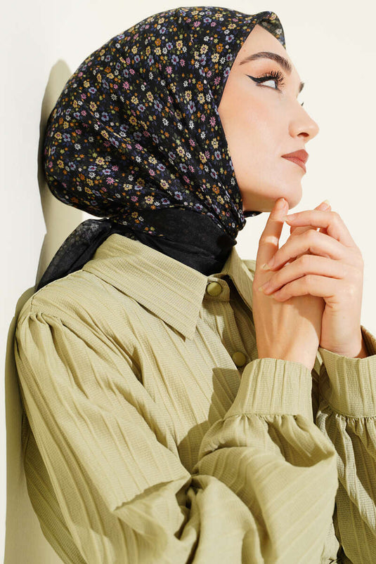 Mini Çiçek Detaylı Eşarp Siyah Pembe