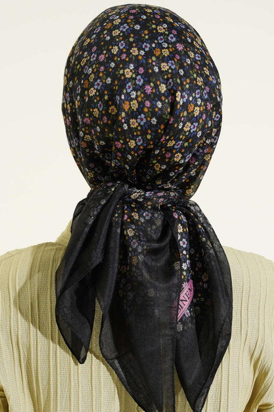 Mini Çiçek Detaylı Eşarp Siyah Pembe