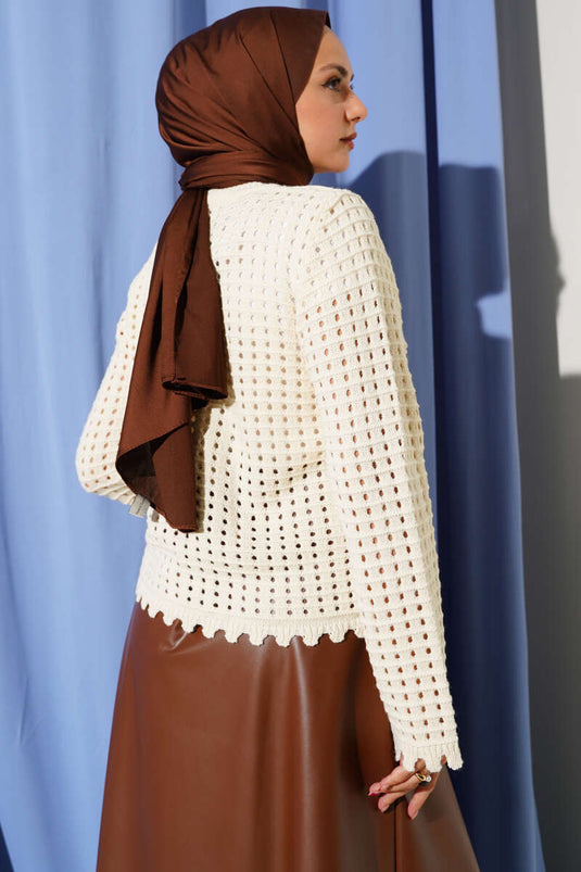 Cardigan court en tricot beige avec broderie florale mini