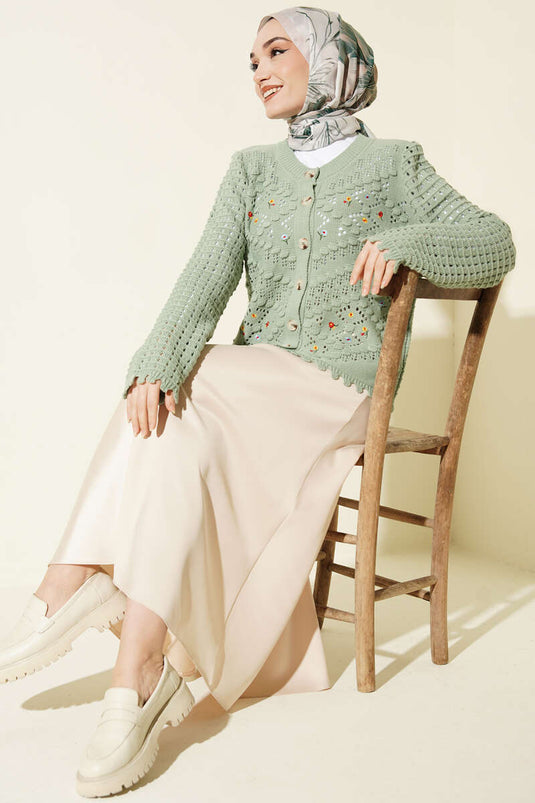 Mini Floral Embroidered Short Knit Cardigan in Pistachio Green