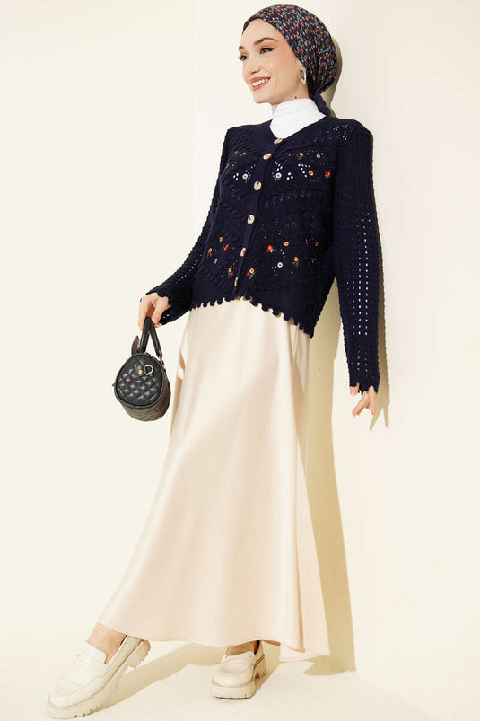 Mini Floral Embroidered Short Knit Cardigan Navy Blue