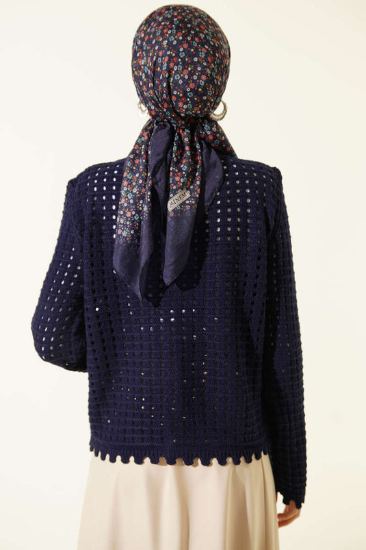 Mini Floral Embroidered Short Knit Cardigan Navy Blue