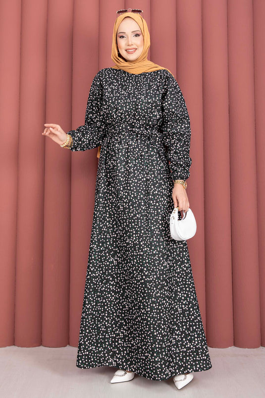 Mini-Blumenmuster Taillierter Tesettür-Kleid Schwarz
