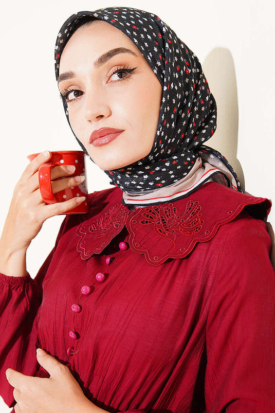Mini Çiçekli Çizgi Geçişli Eşarp Siyah