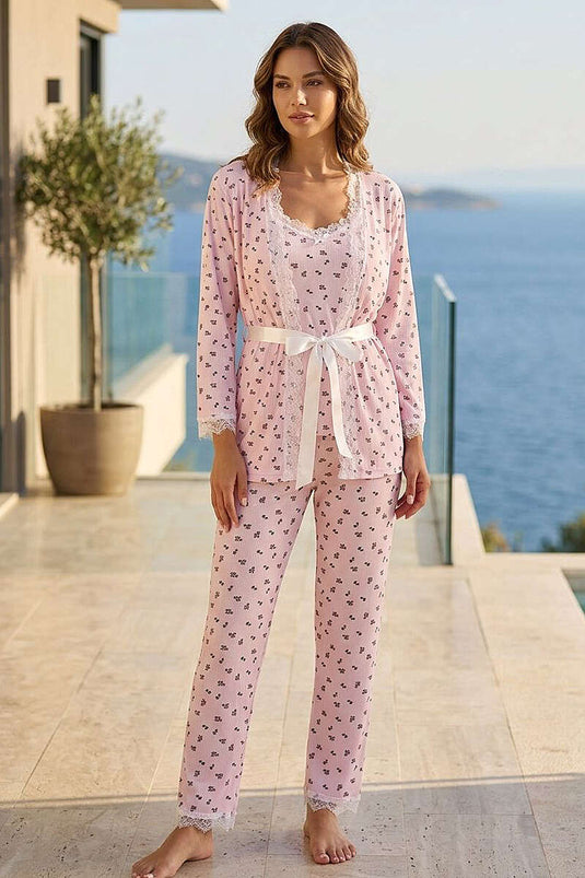 Mini Çiçekli Dantelli Sabahlıklı 3'lü Pijama Takımı Pembe