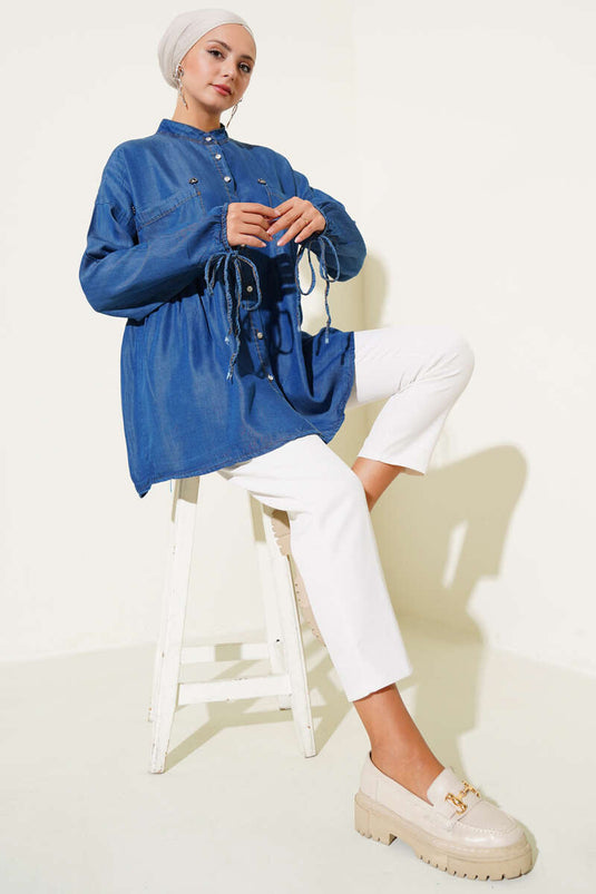 Mini Çiçekli Göğüs Cepli Kot Gömlek Koyu Mavi