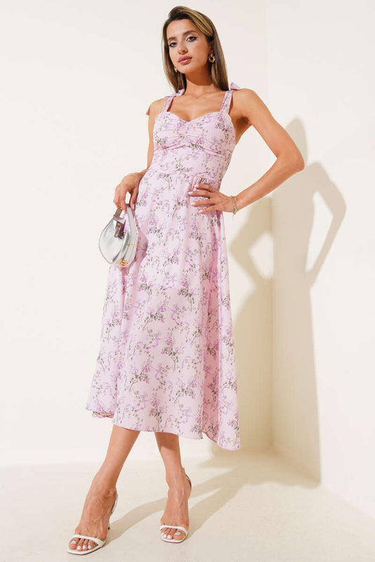 فستان ميدي قصير مزين بالورود مع ربطة كتف، لون وردي