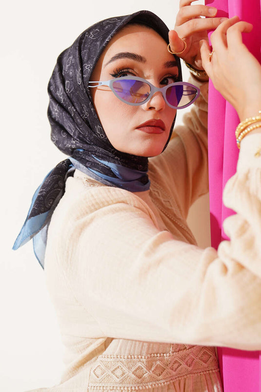 Mini Çiçekli Soft Eşarp Siyah Mavi