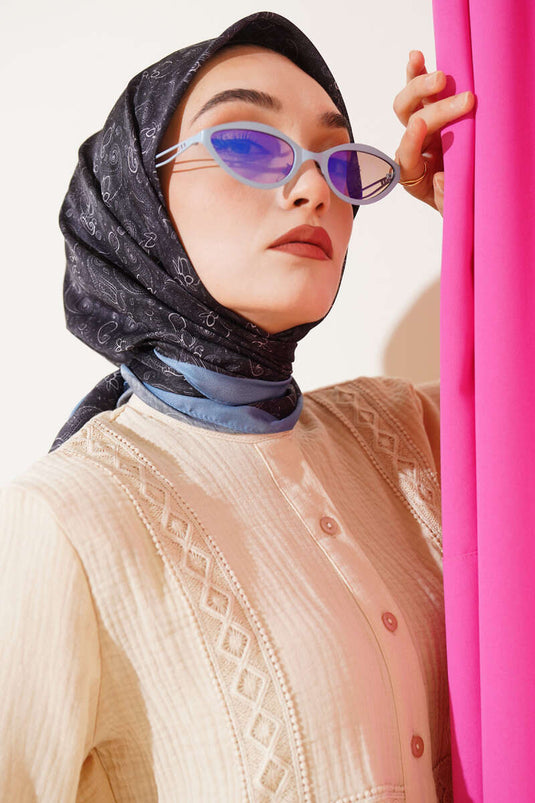 Mini Çiçekli Soft Eşarp Siyah Mavi