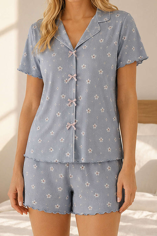 Mini Çiçekli Şortlu Pijama Takımı Gri