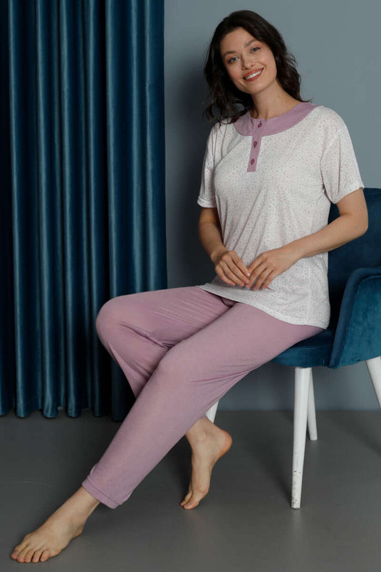 Mini Çiçekli Viskon Pijama Takımı Gül Kurusu