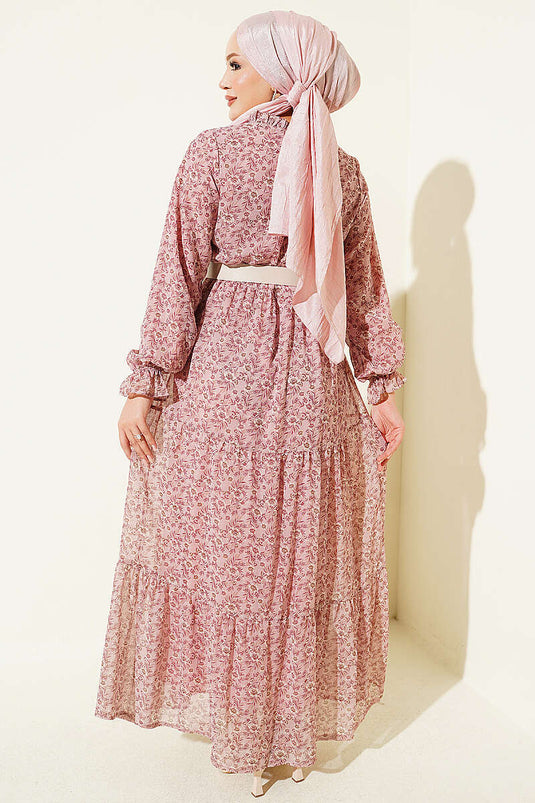 Robe Mini À Col Fleuri Et Nœud En Rose Poudré