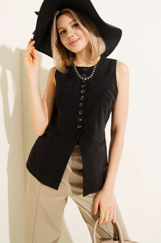 Mini Düğmeli Tensel Yelek Siyah