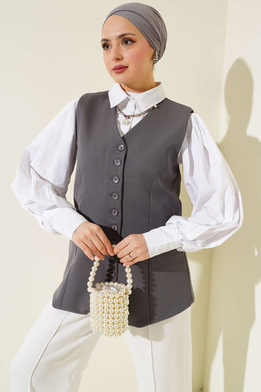 Mini Düğmeli Uzun Yelek Füme