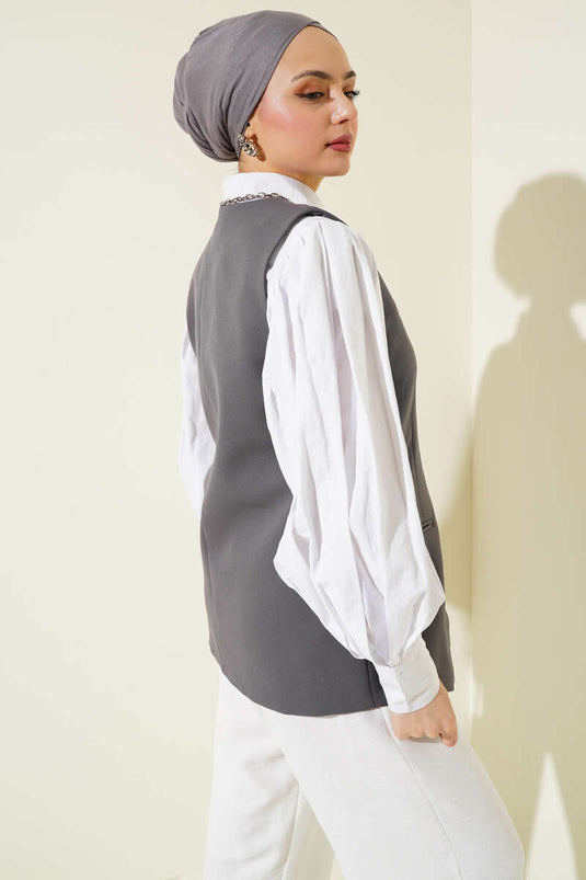 Mini Düğmeli Uzun Yelek Füme