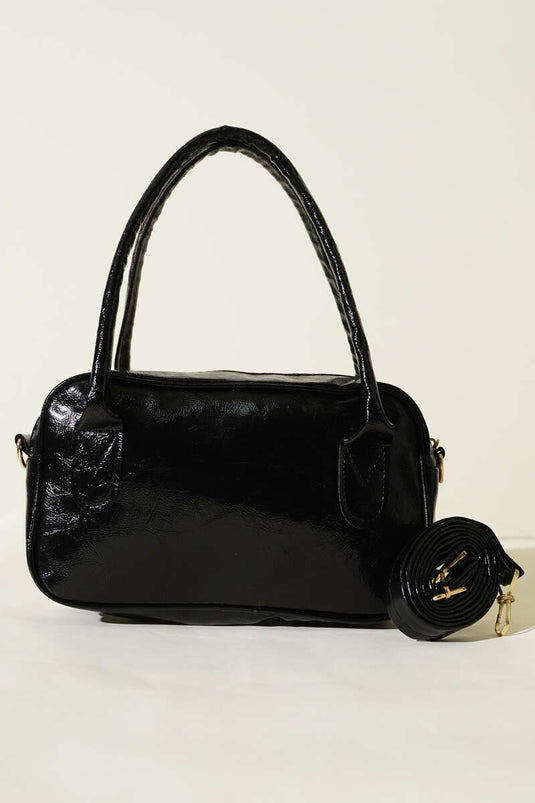 Mini Zippered Patent Leather Handbag, Black