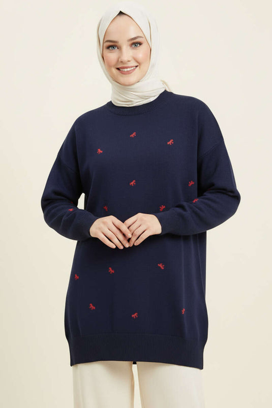 تونيك تريكو صغير مزود بفيونكة باللون الأزرق الداكن