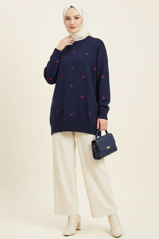 تونيك تريكو صغير مزود بفيونكة باللون الأزرق الداكن