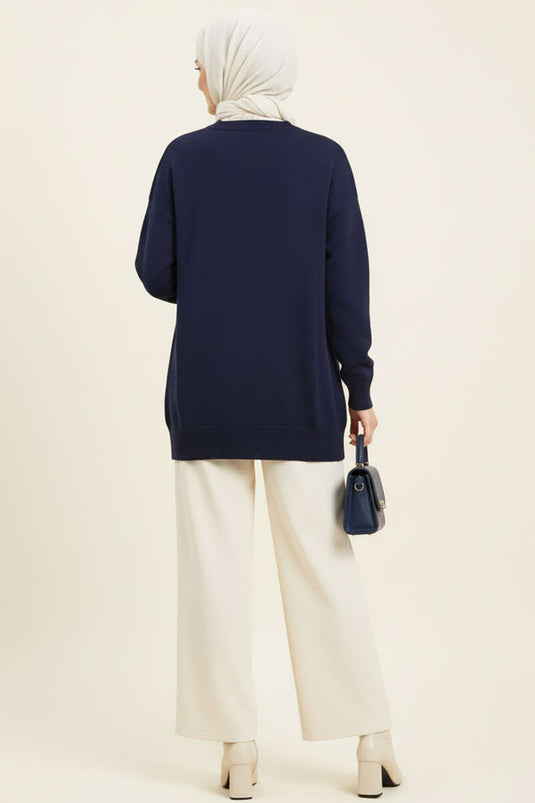 تونيك تريكو صغير مزود بفيونكة باللون الأزرق الداكن