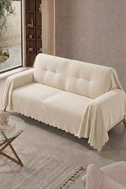 Mini square striped fleece sofa cover ecru