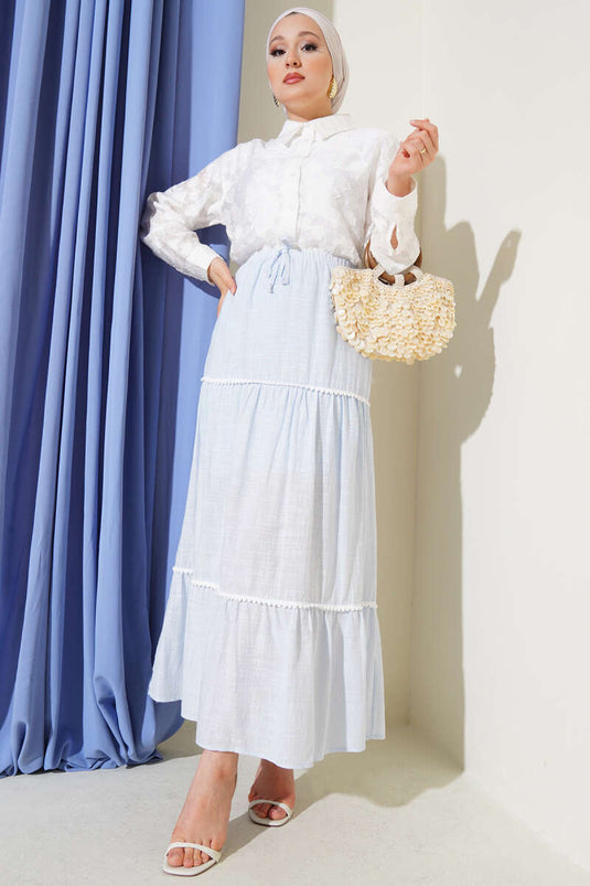 Mini Pon Pon Detaylı Etek Mavi