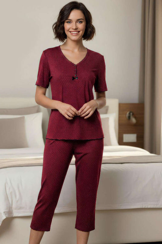 Mini Polka Dot Bow Short Sleeve Pajama Set Burgundy