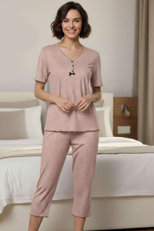 Ensemble pyjama court à manches courtes avec nœud et mini pois, couleur corail pâle