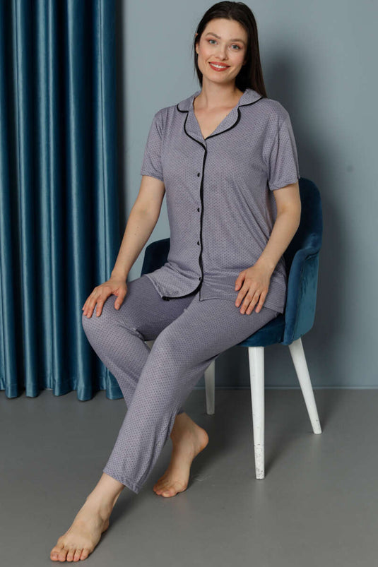 Mini Puantiyeli Kısa Kol Pijama Takımı Lila