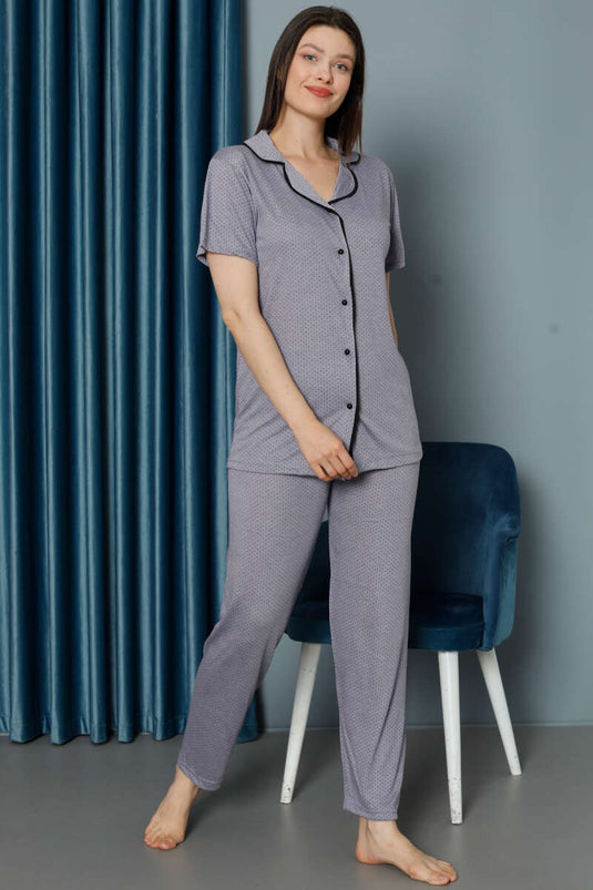 Mini Puantiyeli Kısa Kol Pijama Takımı Lila