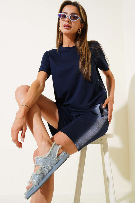 Mini Taş Detaylı İkili Takım Lacivert