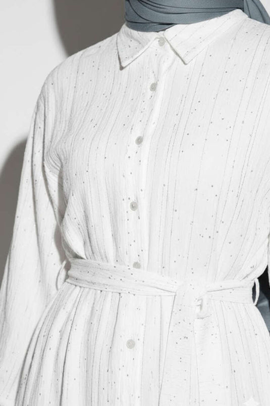 Mini Taş Detaylı Kuşaklı Gömlek Ekru