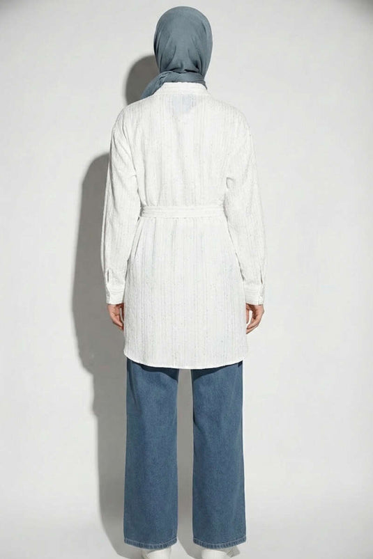 Mini Taş Detaylı Kuşaklı Gömlek Ekru