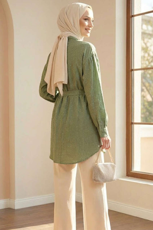 Mini Taş Detaylı Kuşaklı Gömlek Haki