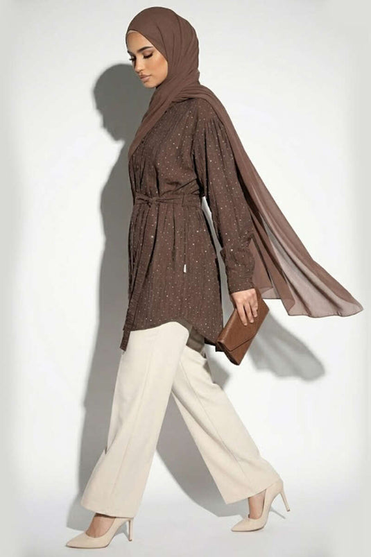 Mini Taş Detaylı Kuşaklı Gömlek Kahve