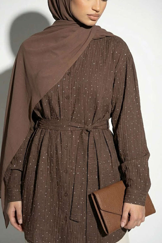 Mini Taş Detaylı Kuşaklı Gömlek Kahve