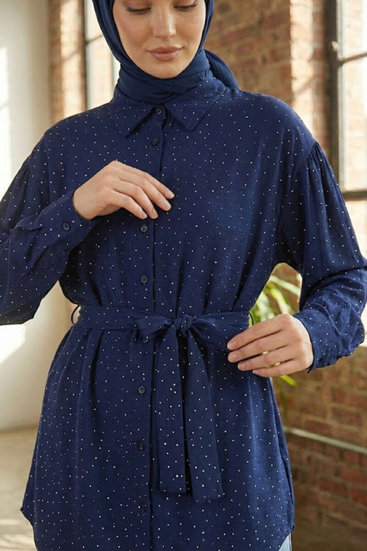 Mini Taş Detaylı Kuşaklı Gömlek Lacivert