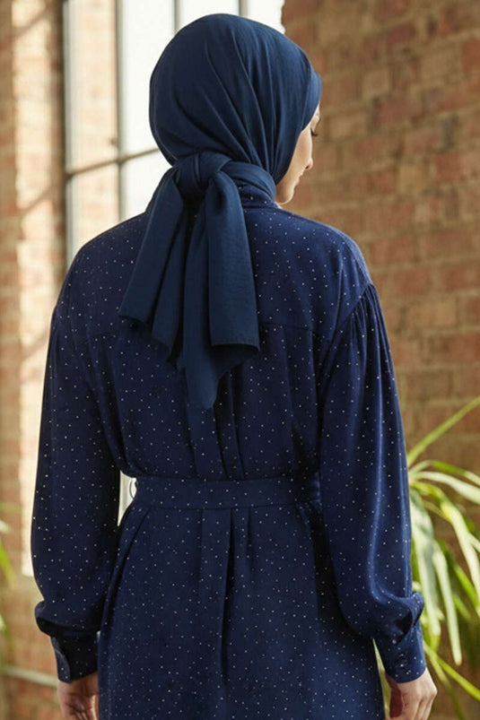 Mini Taş Detaylı Kuşaklı Gömlek Lacivert