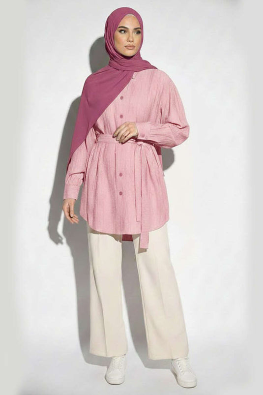 Mini Taş Detaylı Kuşaklı Gömlek Pembe