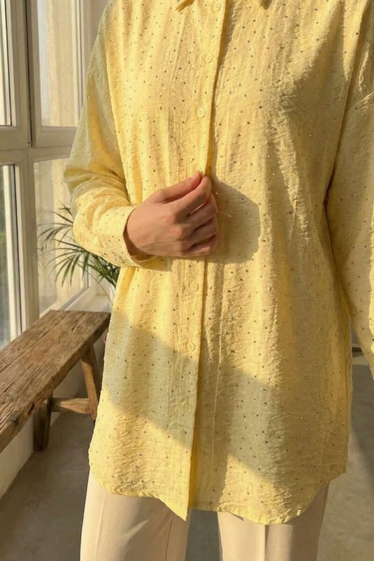 Mini Taş Detaylı Kuşaklı Gömlek Sarı