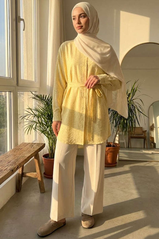 Mini Taş Detaylı Kuşaklı Gömlek Sarı