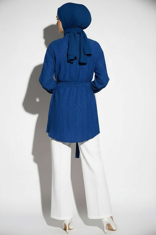 Mini Taş Detaylı Kuşaklı Gömlek Sax Mavi