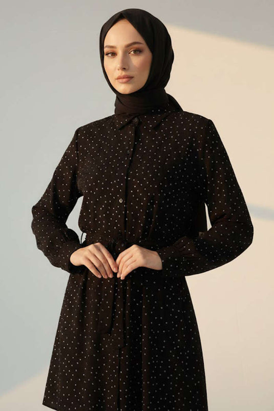 Mini Taş Detaylı Kuşaklı Gömlek Siyah